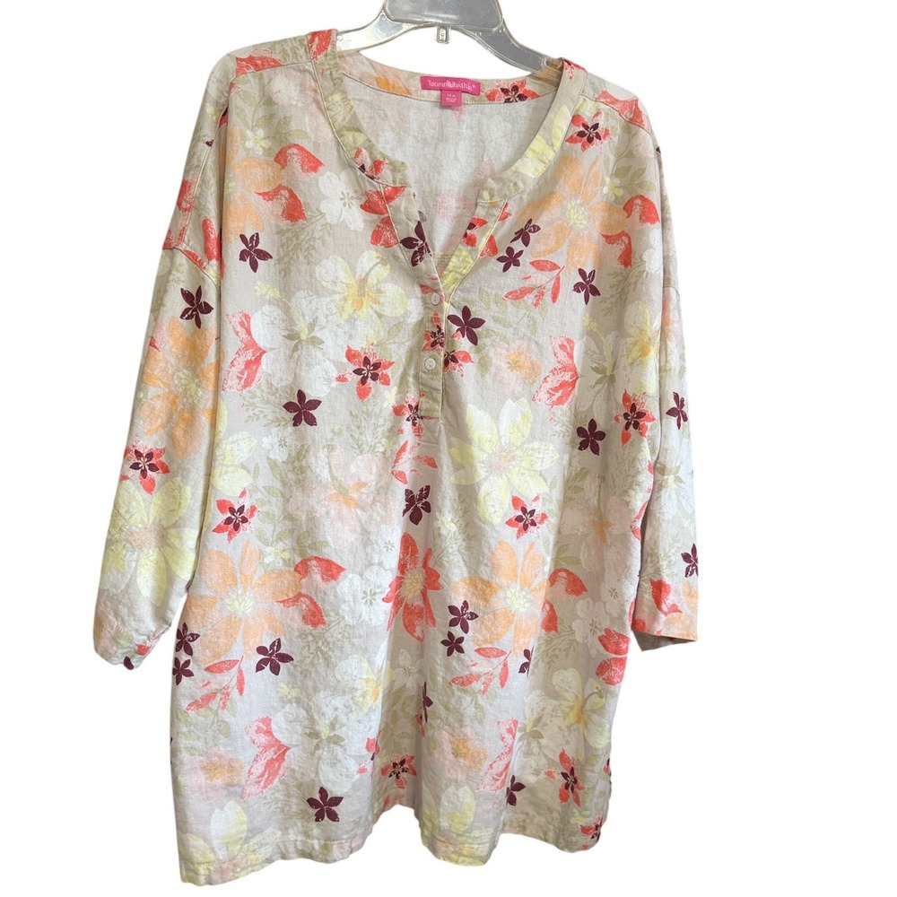 Woman Within 28W Floral Linen Blend Henley Tunic Top 3/4 Sleeve Multi Cottagecor